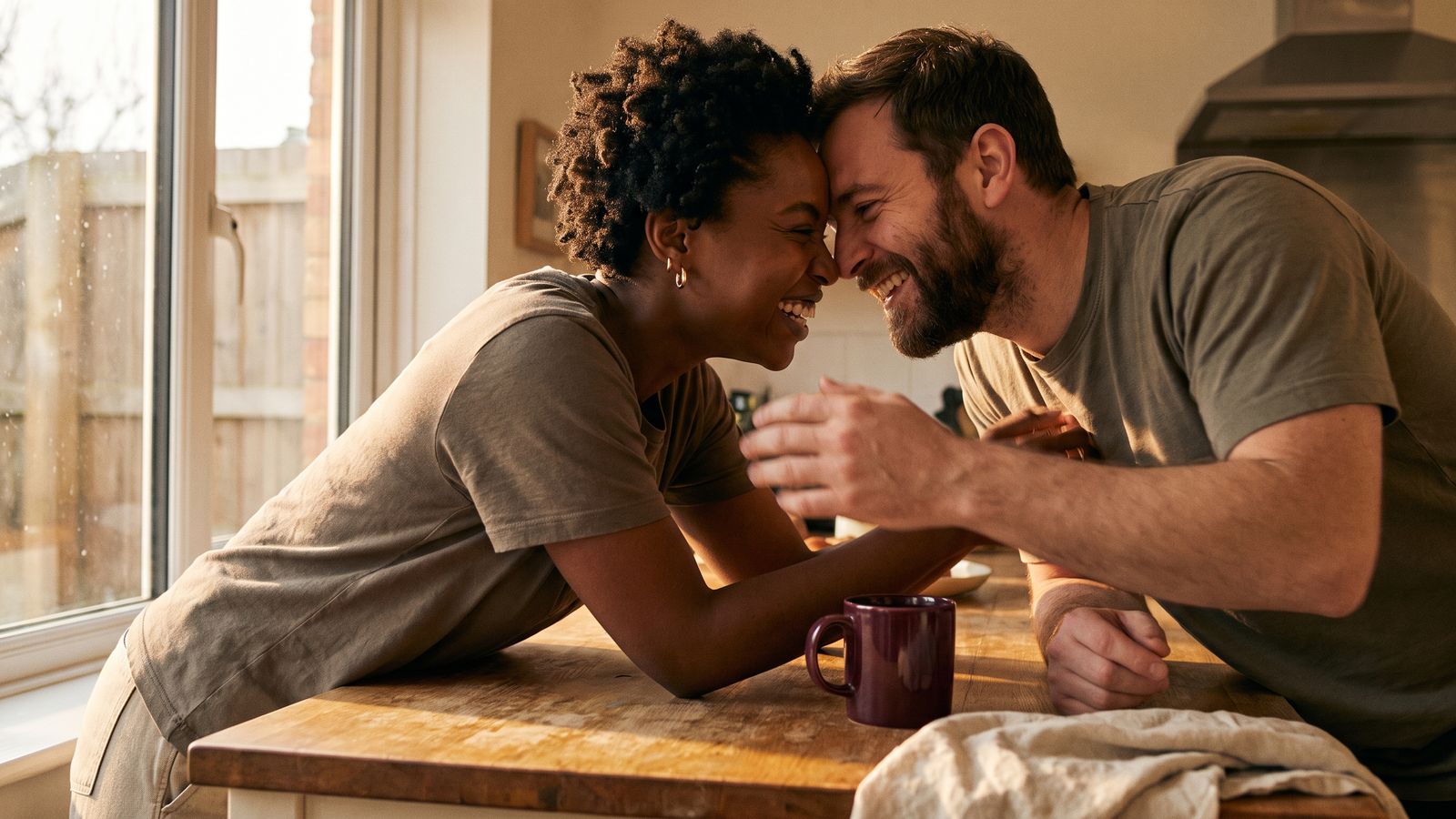 Two people laughing forehead to forehead across a sunlit kitchen counter, a wine-coloured mug between them
