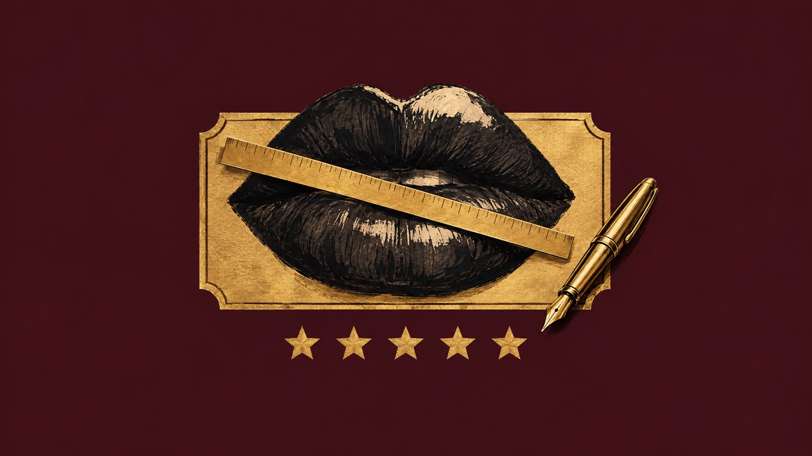 Sketched lips on a gold plaque with a ruler laid across them, a fountain pen, and five gold stars