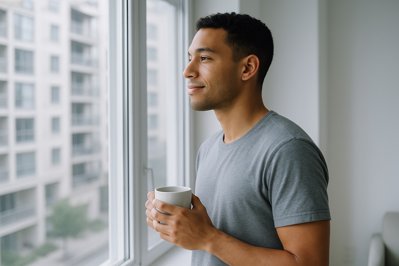 Young man looking out apartment window with contemplative expression, holding coffee
