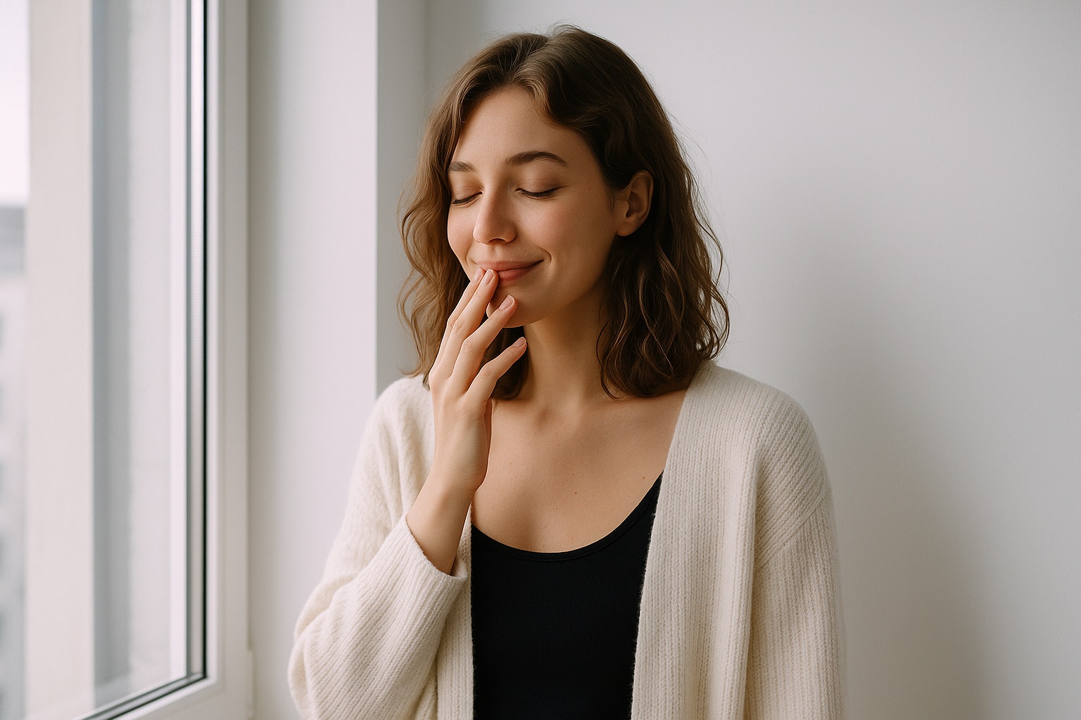 Signs You're a Good Kisser: a young woman by a window, fingertips at her lip, smiling privately after a kiss